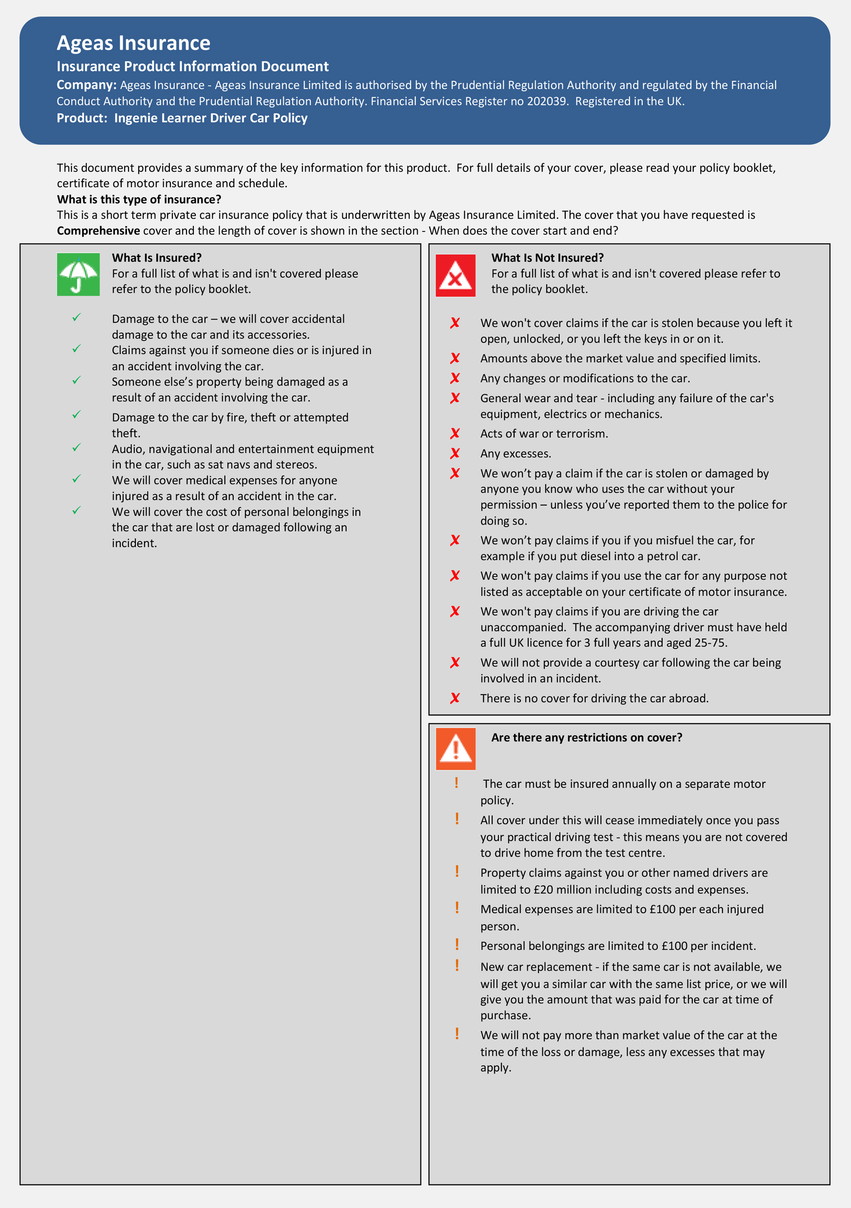 ingenie Learner Driver insurance - Policy summary